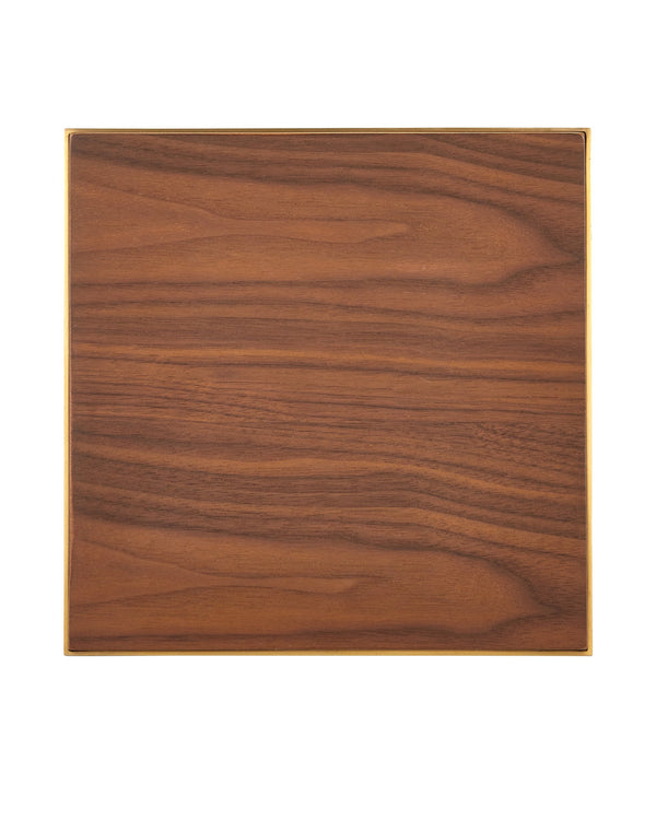 Currey & Company Maeve Brushed Brass Geometric Side Table with Inset Walnut Top for Modern Interiors 4000-0213