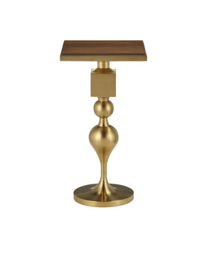 Currey & Company Maeve Brushed Brass Geometric Side Table with Inset Walnut Top for Modern Interiors 4000-0213