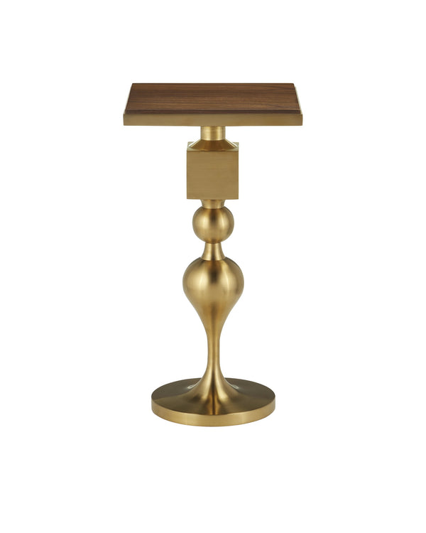 Currey & Company Maeve Brushed Brass Geometric Side Table with Inset Walnut Top for Modern Interiors 4000-0213