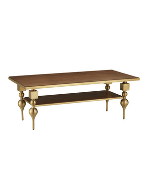 Currey & Company Maeve Brushed Brass Cocktail Table with Walnut Top Sculptural Living Room Centerpiece 4000-0214