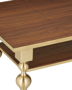 Currey & Company Maeve Brushed Brass Cocktail Table with Walnut Top Sculptural Living Room Centerpiece 4000-0214