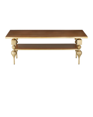 Currey & Company Maeve Brushed Brass Cocktail Table with Walnut Top Sculptural Living Room Centerpiece 4000-0214