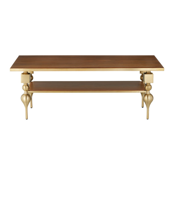 Currey & Company Maeve Brushed Brass Cocktail Table with Walnut Top Sculptural Living Room Centerpiece 4000-0214