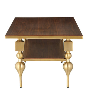 Currey & Company Maeve Brushed Brass Cocktail Table with Walnut Top Sculptural Living Room Centerpiece 4000-0214