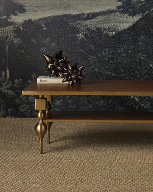 Currey & Company Maeve Brushed Brass Cocktail Table with Walnut Top Sculptural Living Room Centerpiece 4000-0214