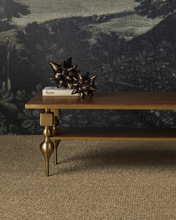 Currey & Company Maeve Brushed Brass Cocktail Table with Walnut Top Sculptural Living Room Centerpiece 4000-0214