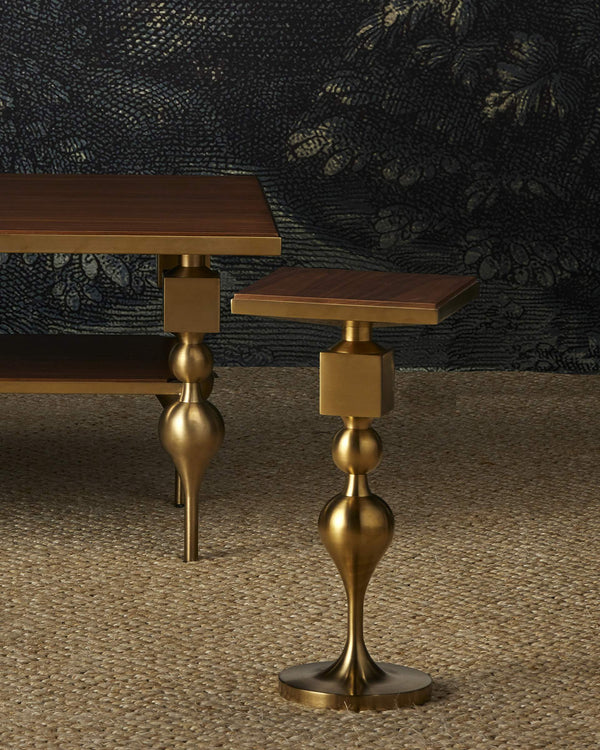 Currey & Company Maeve Brushed Brass Cocktail Table with Walnut Top Sculptural Living Room Centerpiece 4000-0214