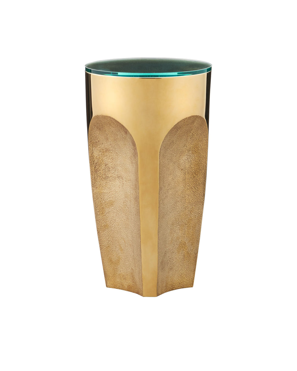 Currey & Company Lemy Polished Brass Sculptural Side Table with Tempered Glass Top for Living Room Polished Brass / Clear 4000-0215