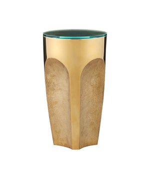 Currey & Company Lemy Polished Brass Sculptural Side Table with Tempered Glass Top for Living Room Polished Brass / Clear 4000-0215
