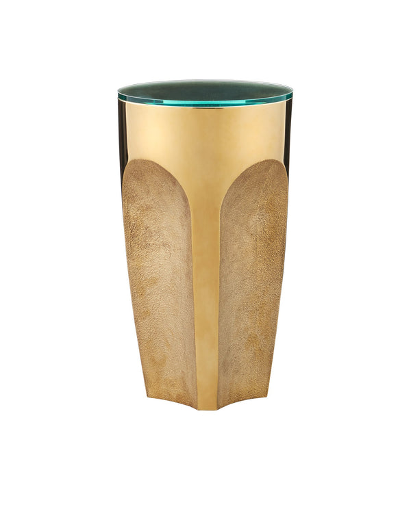 Currey & Company Lemy Polished Brass Sculptural Side Table with Tempered Glass Top for Living Room Polished Brass / Clear 4000-0215
