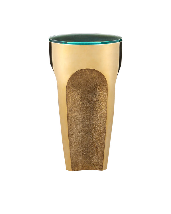 Currey & Company Lemy Polished Brass Sculptural Side Table with Tempered Glass Top for Living Room Polished Brass / Clear 4000-0215