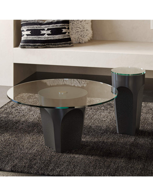 Currey & Company Lemy Polished Brass Sculptural Side Table with Tempered Glass Top for Living Room Black / Clear 4000-0216