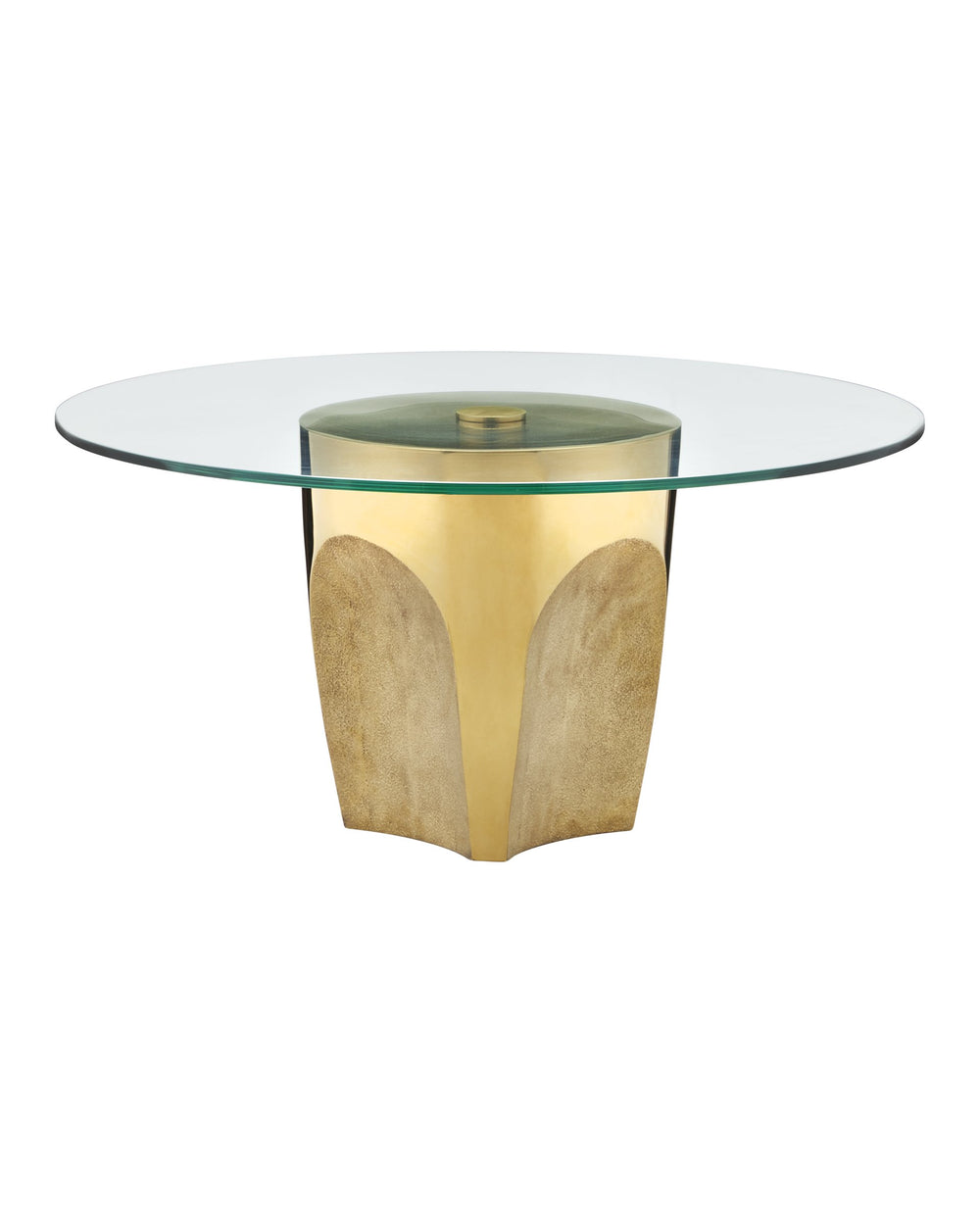 Currey & Company Lemy Brass Finish Round Coffee Table Sculpted Steel Base with Tempered Glass Top Polished Brass / Clear 4000-0217