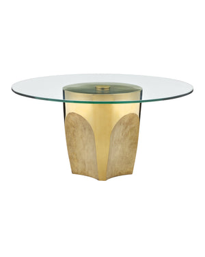 Currey & Company Lemy Brass Finish Round Coffee Table Sculpted Steel Base with Tempered Glass Top Polished Brass / Clear 4000-0217