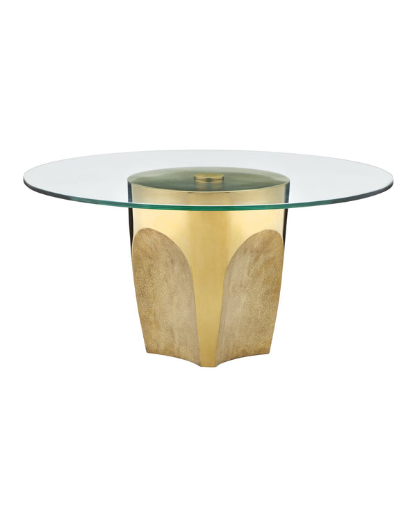 Currey & Company Lemy Brass Finish Round Coffee Table Sculpted Steel Base with Tempered Glass Top Polished Brass / Clear 4000-0217