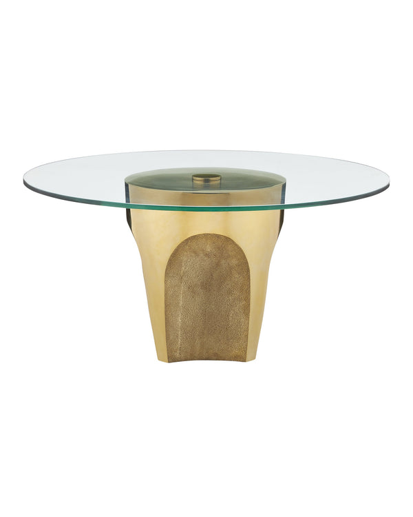Currey & Company Lemy Brass Finish Round Coffee Table Sculpted Steel Base with Tempered Glass Top Polished Brass / Clear 4000-0217