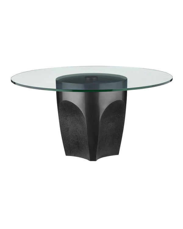 Currey & Company Lemy Brass Finish Round Coffee Table Sculpted Steel Base with Tempered Glass Top Black / Clear 4000-0218