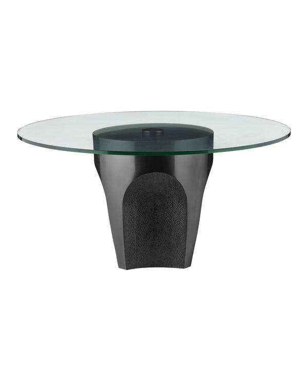Currey & Company Lemy Brass Finish Round Coffee Table Sculpted Steel Base with Tempered Glass Top Black / Clear 4000-0218