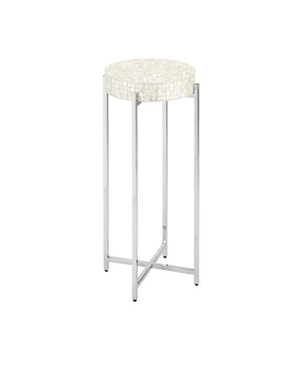 Currey & Company Gerri Mother of Pearl Accent Table Stainless Steel Base Glam Living Room Side 4000-0224