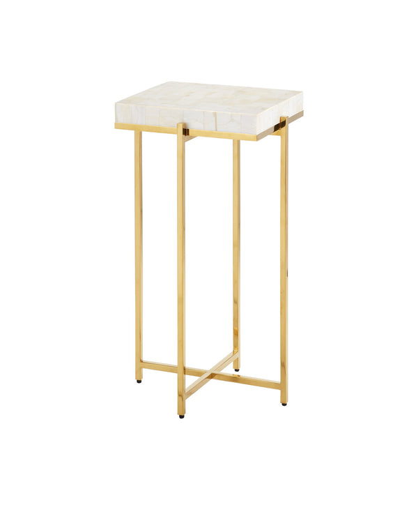 Currey & Company Casey Mother of Pearl Mosaic Drinks Table with Brass Frame for Entryway or Sofa Side 4000-0225