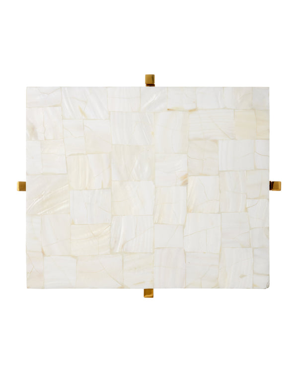 Currey & Company Casey Mother of Pearl Mosaic Drinks Table with Brass Frame for Entryway or Sofa Side 4000-0225