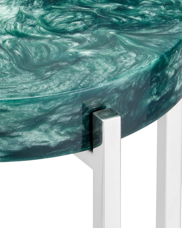 Currey & Company Rina Pearlescent Marbled Composite Round Accent Table with Polished Steel Legs 4000-0227