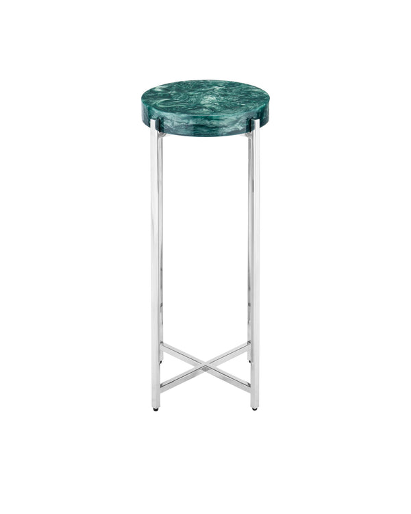 Currey & Company Rina Pearlescent Marbled Composite Round Accent Table with Polished Steel Legs 4000-0227