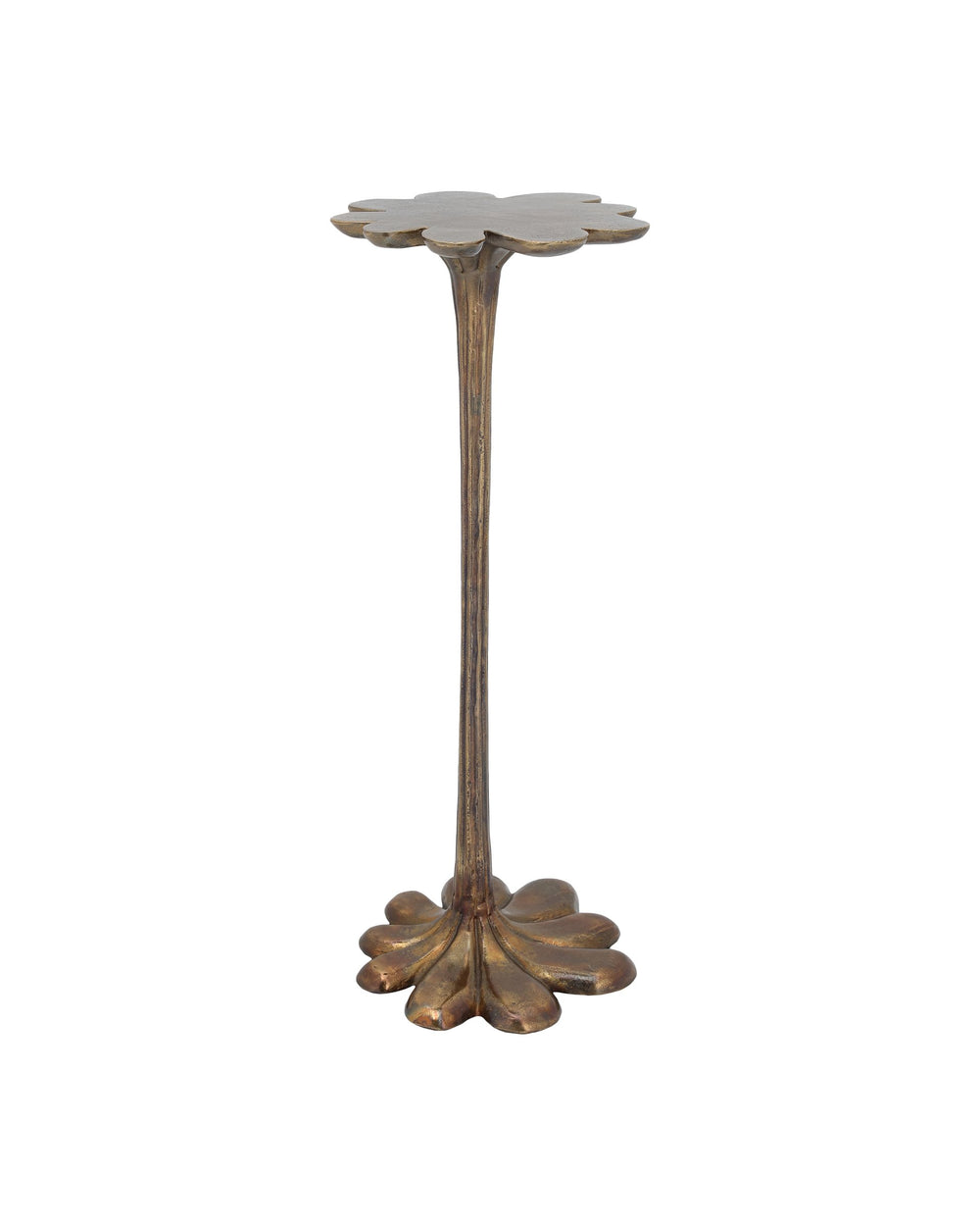 Currey & Company Schizzo Cast Aluminum Sculptural Accent Table with Organic Flower Top in Oxidized Brass 4000-0246