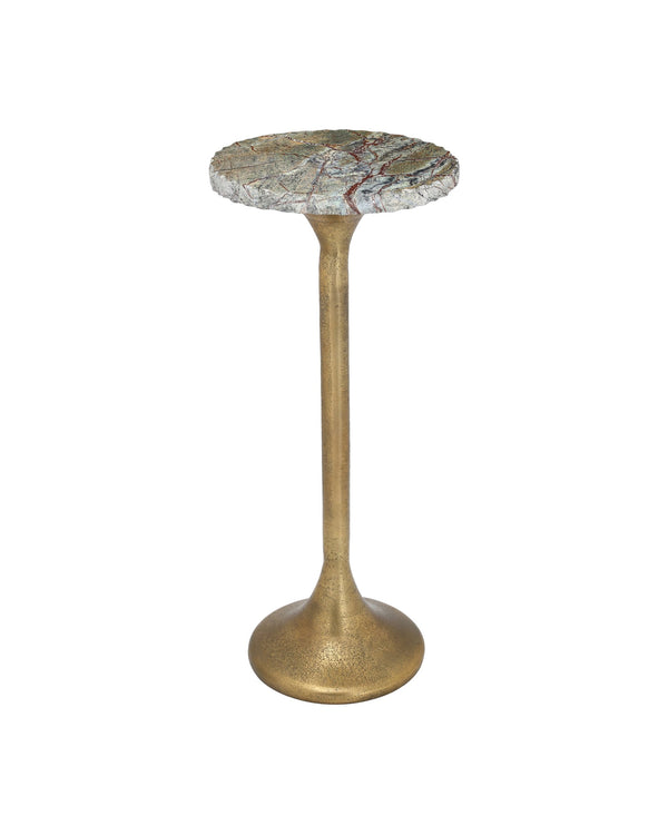 Currey & Company Wilderness Marble Top Drinks Table Antique Brass Cast Aluminum Sculptural Accent 4000-0250