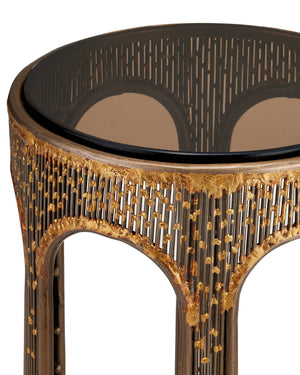 Currey & Company Capella Filigree Iron Accent Table Smoke Glass Top Coffee Bronze Artisan Finish 4000-0251