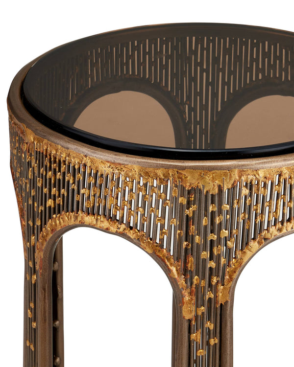 Currey & Company Capella Filigree Iron Accent Table Smoke Glass Top Coffee Bronze Artisan Finish 4000-0251