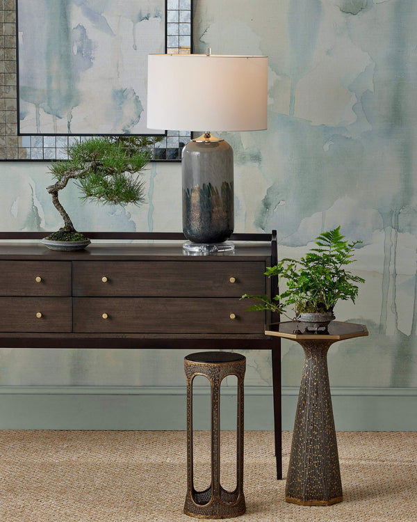 Currey & Company Castor Filigree Iron and Smoked Glass Round Side Table for Eclectic Living Spaces 4000-0252