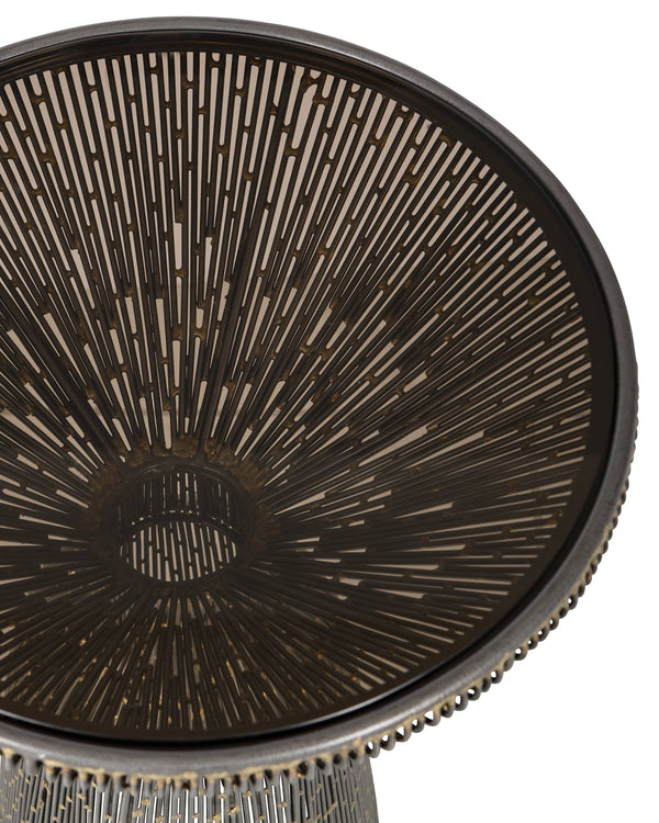 Currey & Company Canopus Filigree Iron Accent Table with Smoked Glass Top and Bronze Gold Finish 4000-0253
