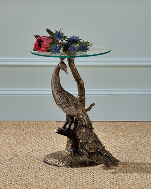 Currey & Company Paonne Peacock Sculptural Cast Aluminum Side Table with Antique Gold Finish 4000-0255