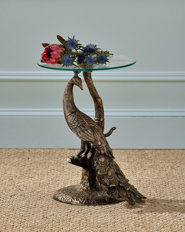 Currey & Company Paonne Peacock Sculptural Cast Aluminum Side Table with Antique Gold Finish 4000-0255