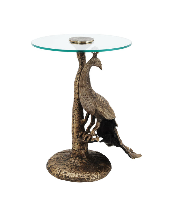 Currey & Company Paonne Peacock Sculptural Cast Aluminum Side Table with Antique Gold Finish 4000-0255
