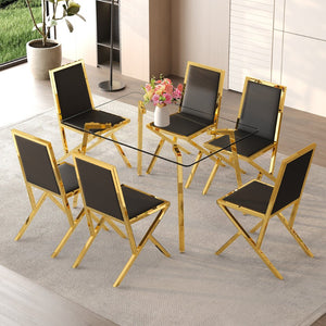 English Elm Table Set Oval Tempered Glass Top with Six Shell Back Pu Chairs Modern Dining Room Black+Gold,Transparent W1151S04791