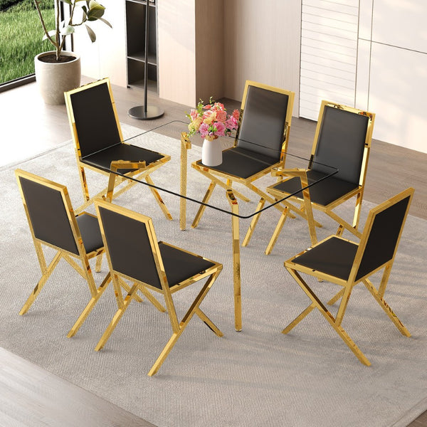 English Elm Table Set Oval Tempered Glass Top with Six Shell Back Pu Chairs Modern Dining Room Black+Gold,Transparent W1151S04791