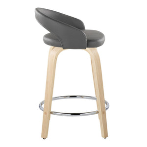 English Elm Fixed-height Swivel Counterstools Natural Wood Frame Grey Faux Leather Chrome Footrest Pair B202S01757