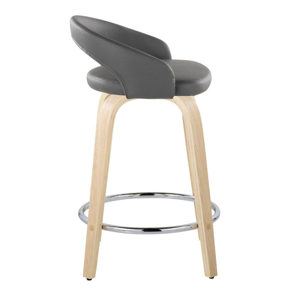 English Elm Fixed-height Swivel Counterstools Natural Wood Frame Grey Faux Leather Chrome Footrest Pair B202S01757