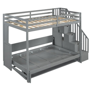 English Elm Full Over Murphy Bunk Bed with Hydraulic Lift Staircase Storage and Fold Away Desk LP000698AAE