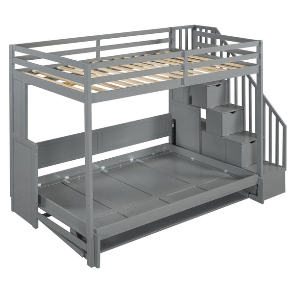 English Elm Full Over Murphy Bunk Bed with Hydraulic Lift Staircase Storage and Fold Away Desk LP000698AAE
