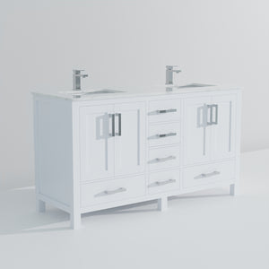 English Elm White Double Bath Vanity 60in W x 22in D with Carrara Marble Top, Chrome Faucet, Soft-Close Storage Durable B2731P259071