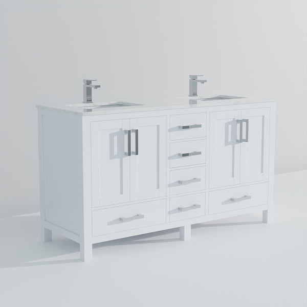 English Elm White Double Bath Vanity 60in W x 22in D with Carrara Marble Top, Chrome Faucet, Soft-Close Storage Durable B2731P259071