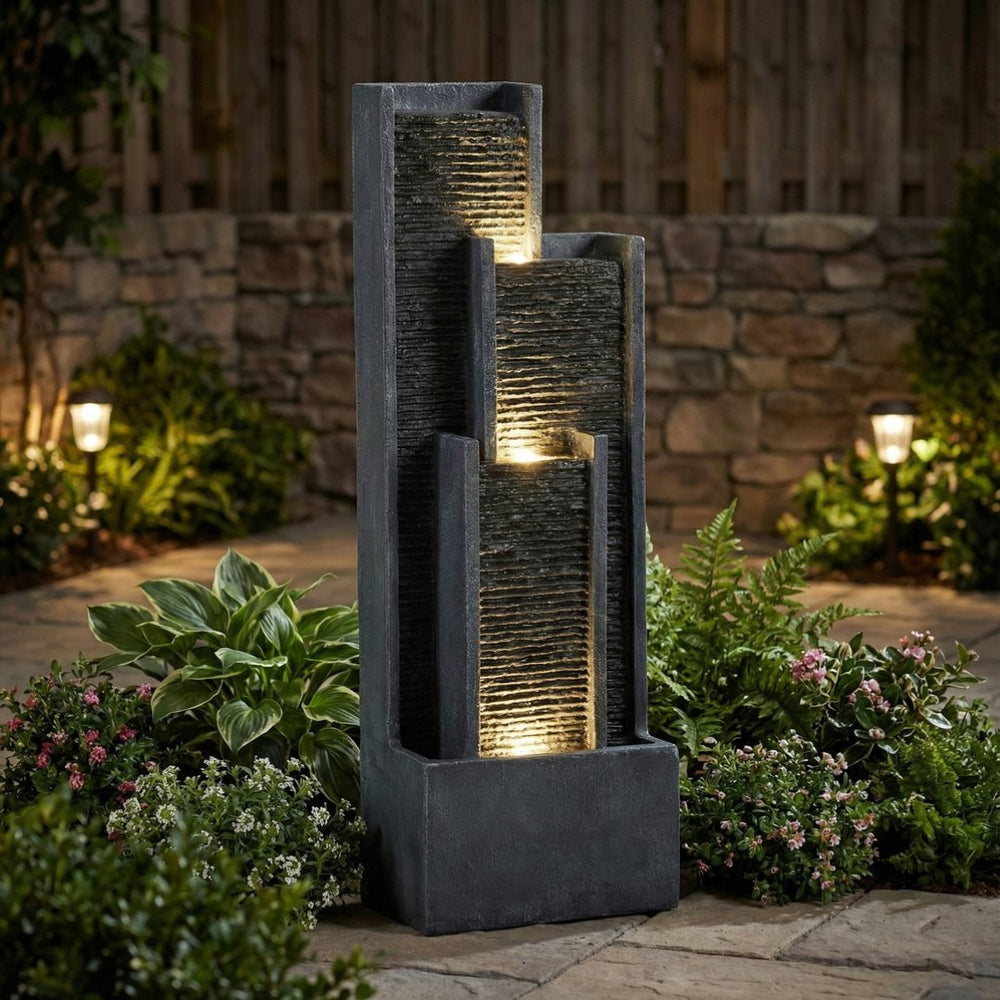English Elm 40 Inch Outdoor Cascading Resin Fountain with Warm Led Lights for Patio Garden W853P412656