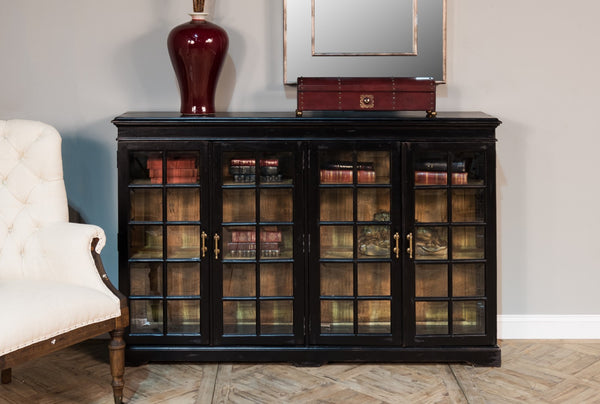 Sarreid Morgan Library Case - Elegant Solid Walnut With Ebony Finish, 4 Adjustable Shelves & Glass Doors Black  40029
