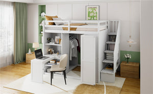 English Elm Full Size Loft Bed with Wardrobe Desk and Shelving for Modern Teen Bedroom White LT000679AAK-1