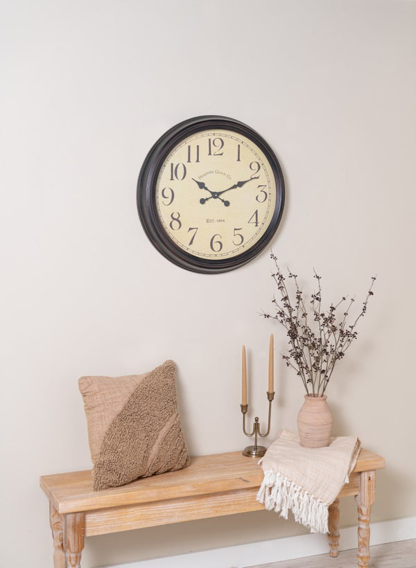 Cooper Classics Whitley Vintage Style Wall Clock with Aged Black Metal Frame and Glass Covered Face 40034