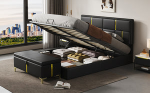English Elm 2-pieces Queen Platform Bed Set Pu Upholstered Hydraulic Storage with Gold Accent Ottoman N733S362242B