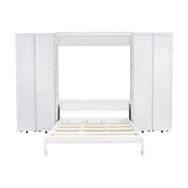 English Elm Queen Murphy Wall Bed with Hydraulic Lift and Push Pull Cabinet Storage Unit White LP000381AAK